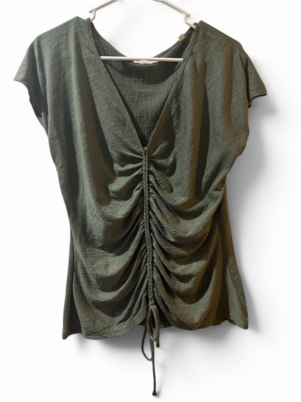 Max Studio London XL Olive Ruched Drawstring Textured Cap Sleeve Blouse - Picture 3 of 10